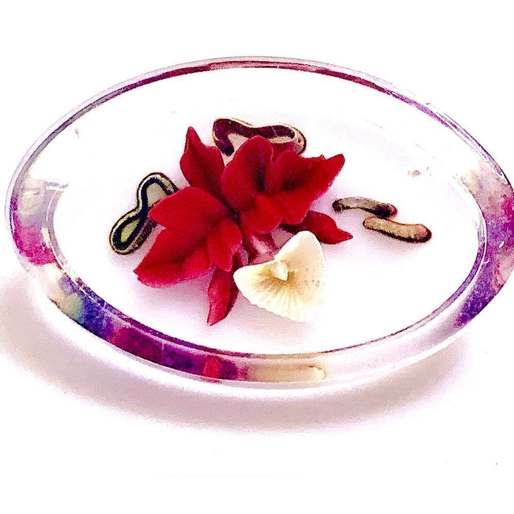 Vintage oval lucite floral orchid reverse carved pin red white